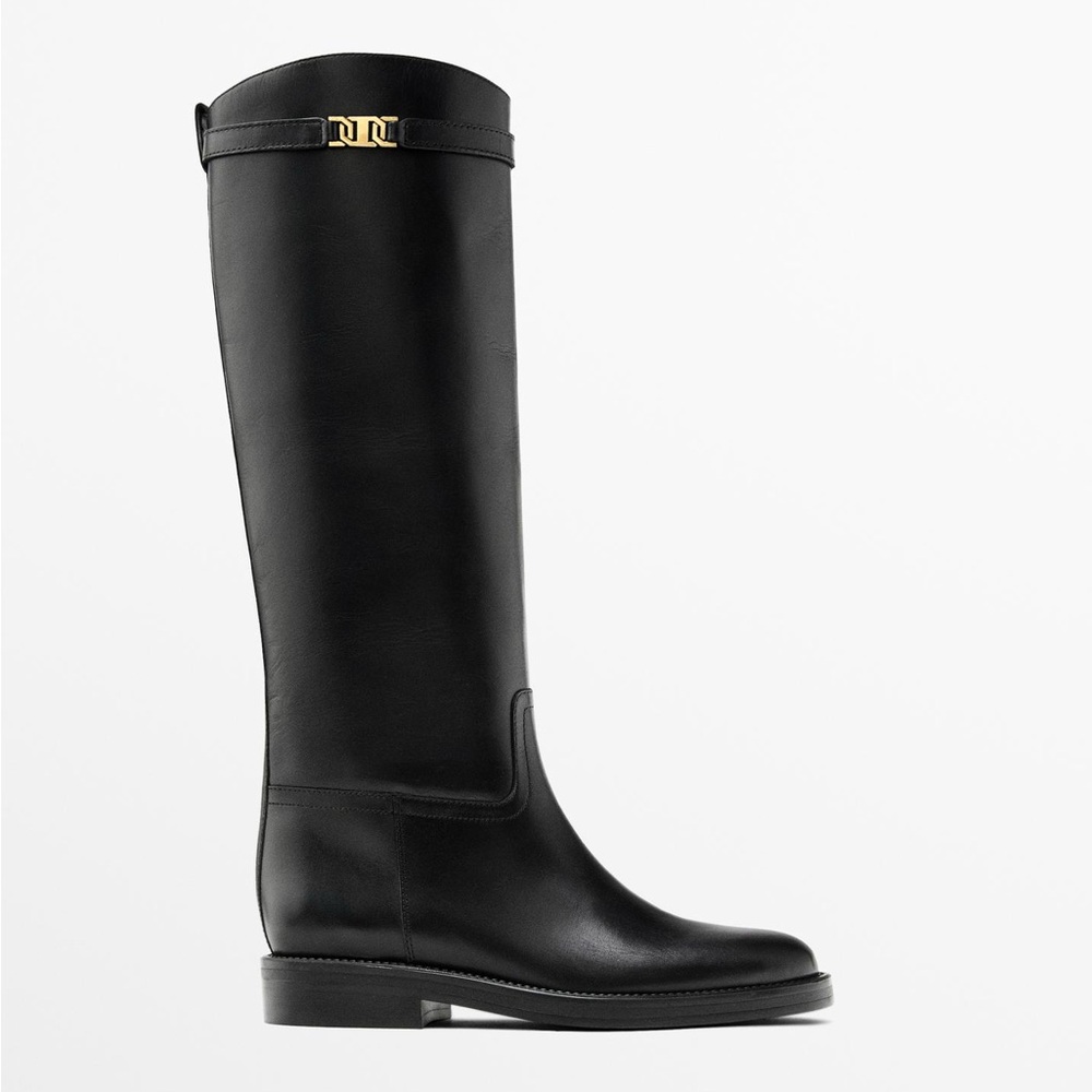 Massimo Dutti Black Leather Riding Boots with Removable Gold Detail Size 42